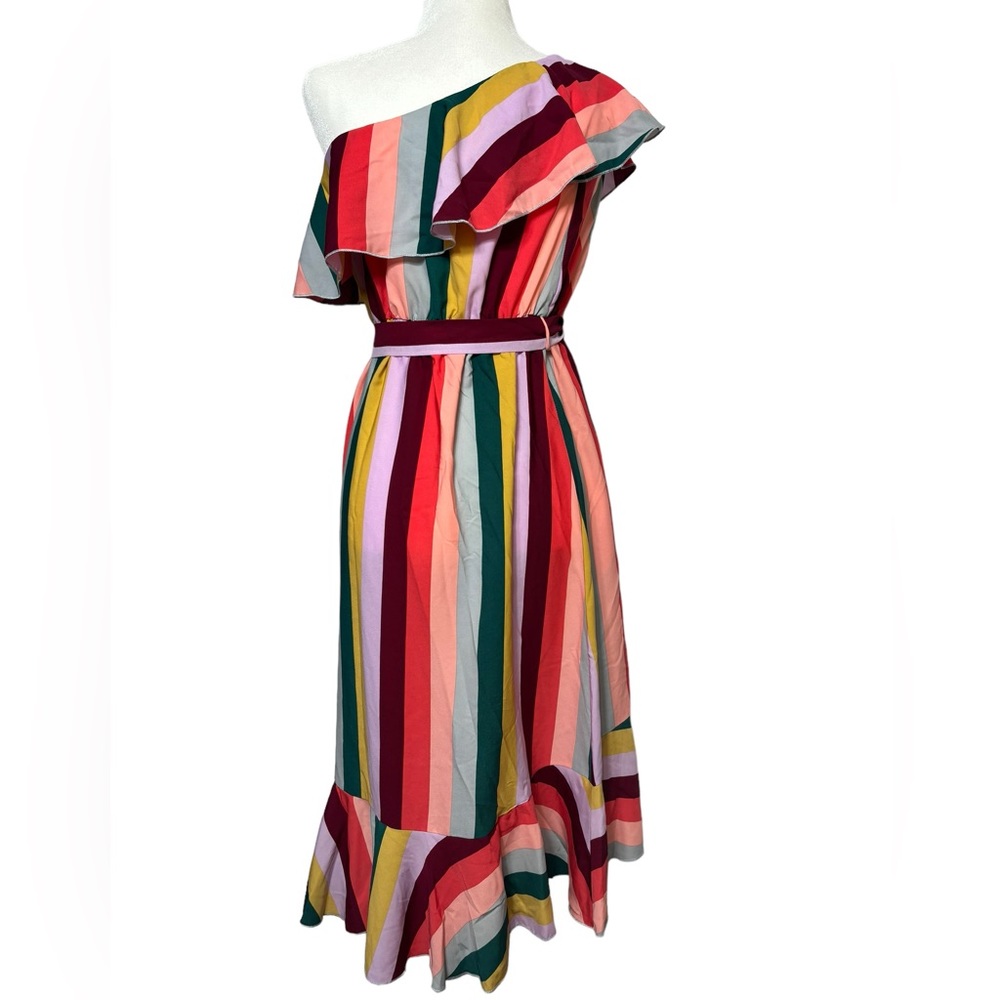 VICI One Shoulder Ruffle Rainbow Midi Dress small - Picture 2 of 16